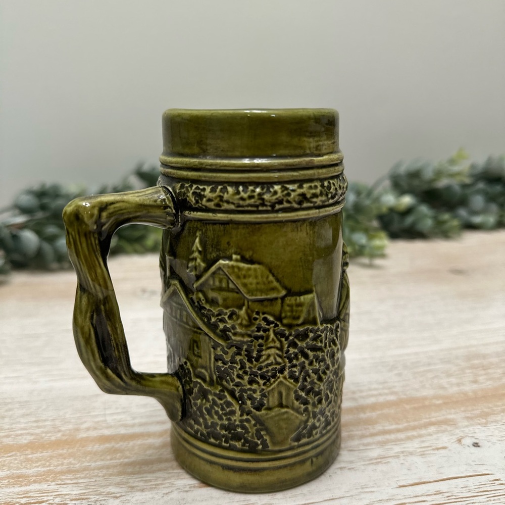 Vintage German Green Ceramic Stein with Embossed Figures - Picture 4 of 7